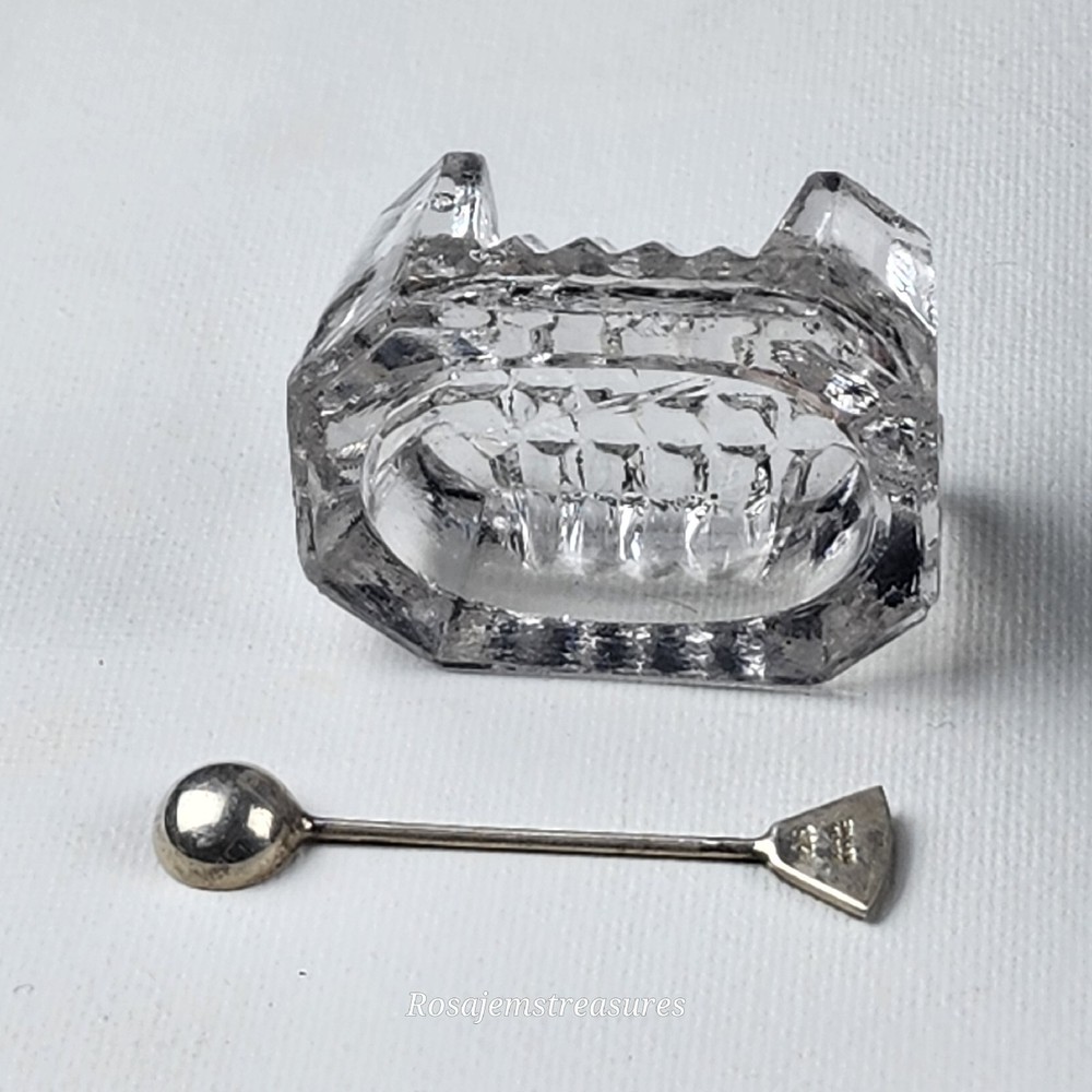 Vintage Open Footed Crystal Salt Cellar (Rectangular) with 925 Silver Spoon