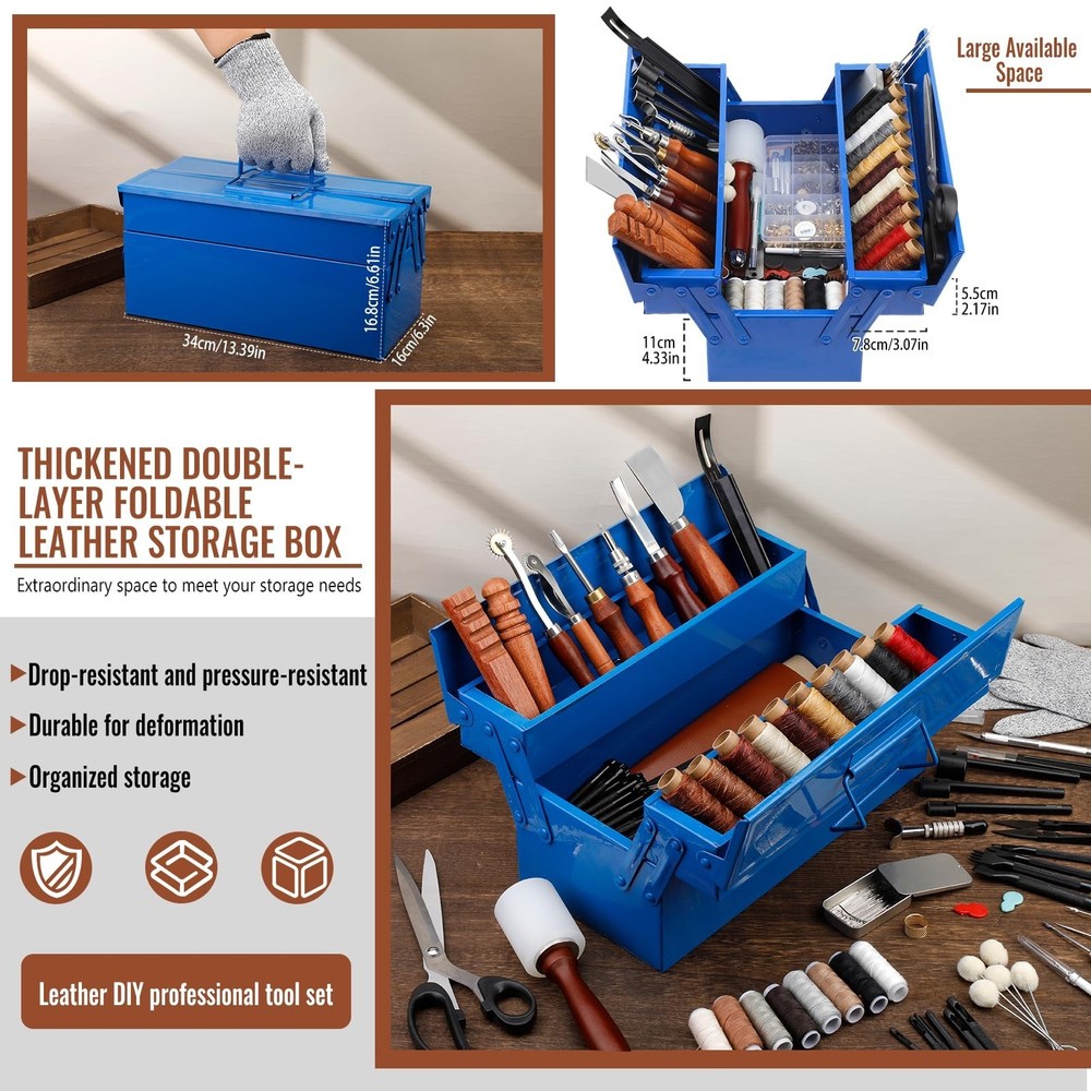 Leather Working Tools Kit, Leather Tooling Kit with Double Layer Storage Box,...