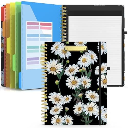 Clipboard Folio with Refillable Notepad, Folder with 10 Storage Daisy - Black