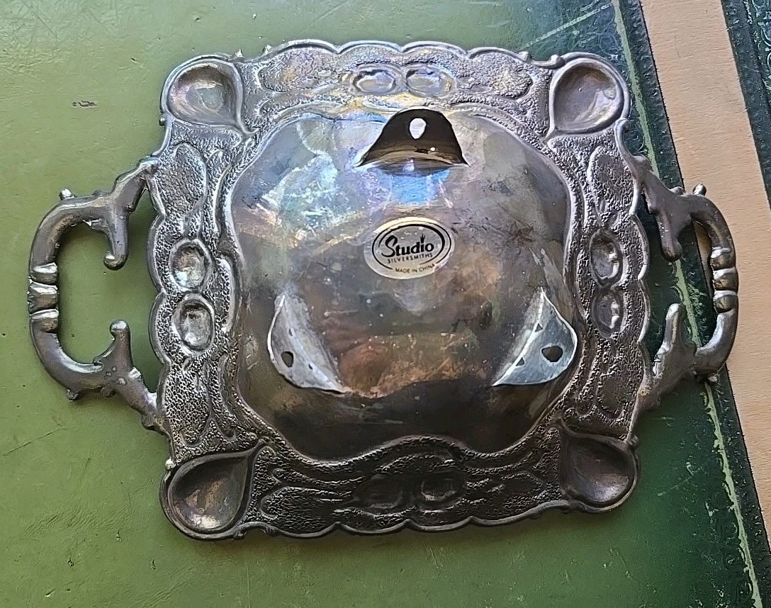 Studio Silversmiths 5 1/2" Square Dish Silver-plated Patina Footed With Handles