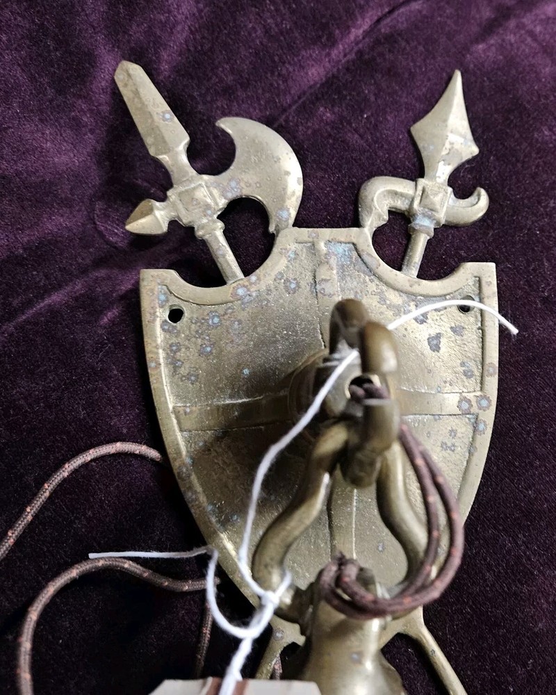 RARE Vintage Lighted Solid Brass Medieval Knight Helmet & Shield Wall Sconce