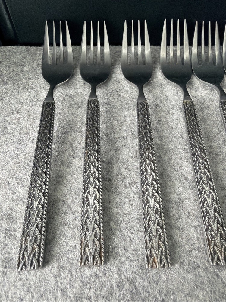 6 MCM JAPAN STAINLESS STEEL FLATWARE BRAIDED ROPE PATTERN Dinner Forks Flatware