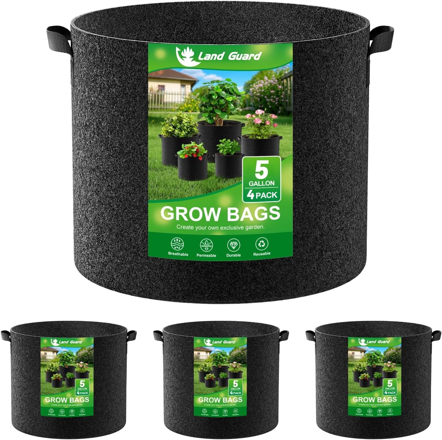 Land Guard 4-Pack Fabric Grow Bags 5 Gallon, Thickened 5 Black