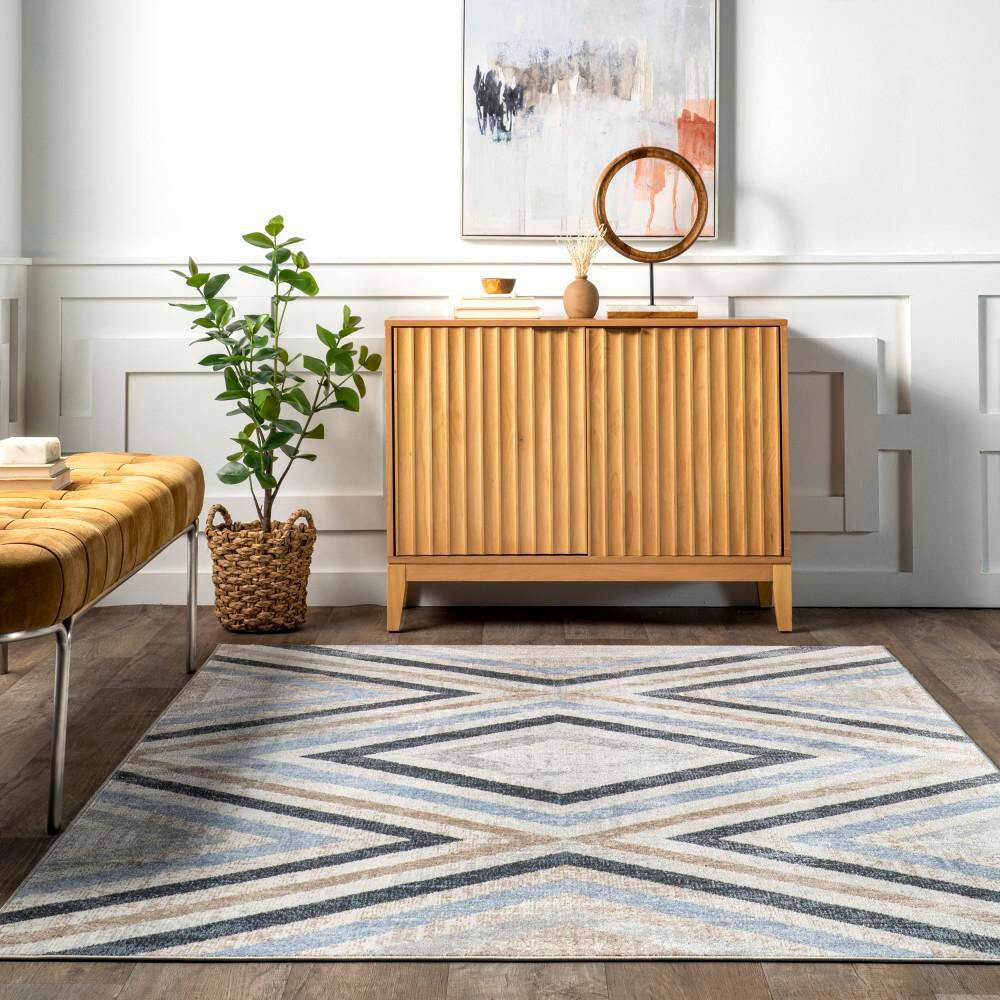 Akari Transitional Diamond Machine Washable Blue Doormat 3 Ft. X 5 Ft. Area Rug