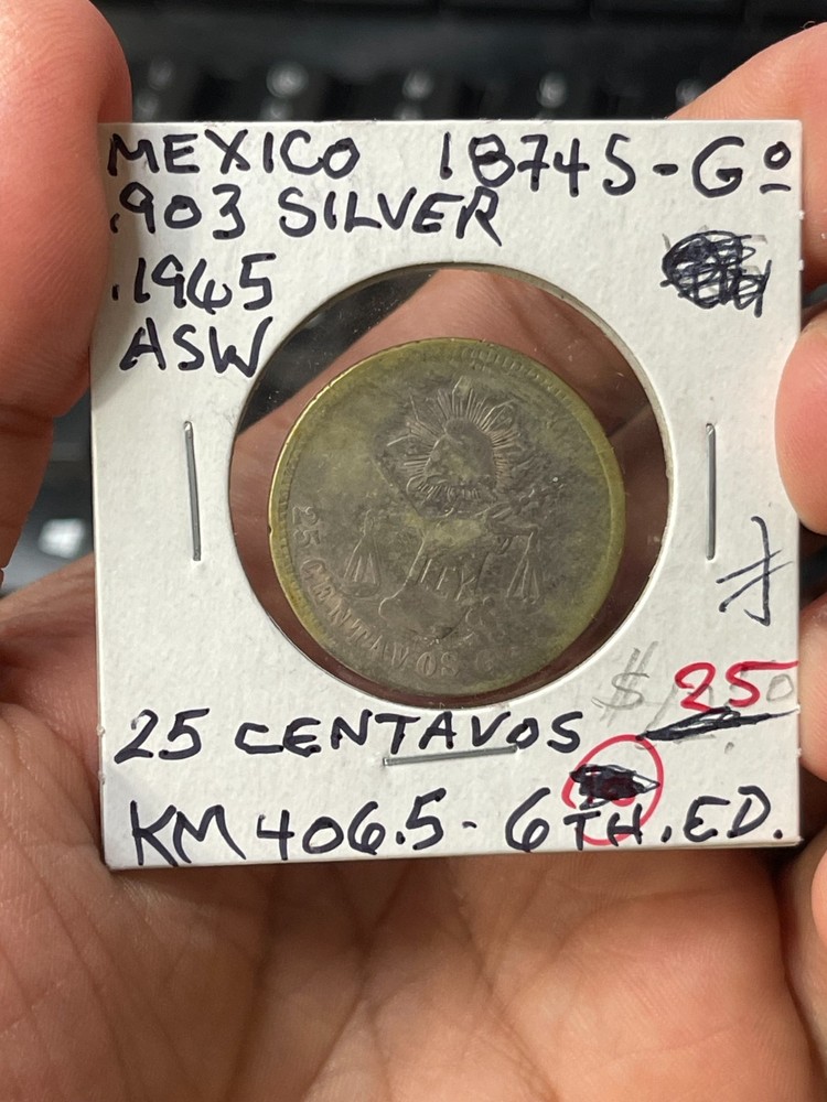1874 Mexico 25 Centavos Silver Coin