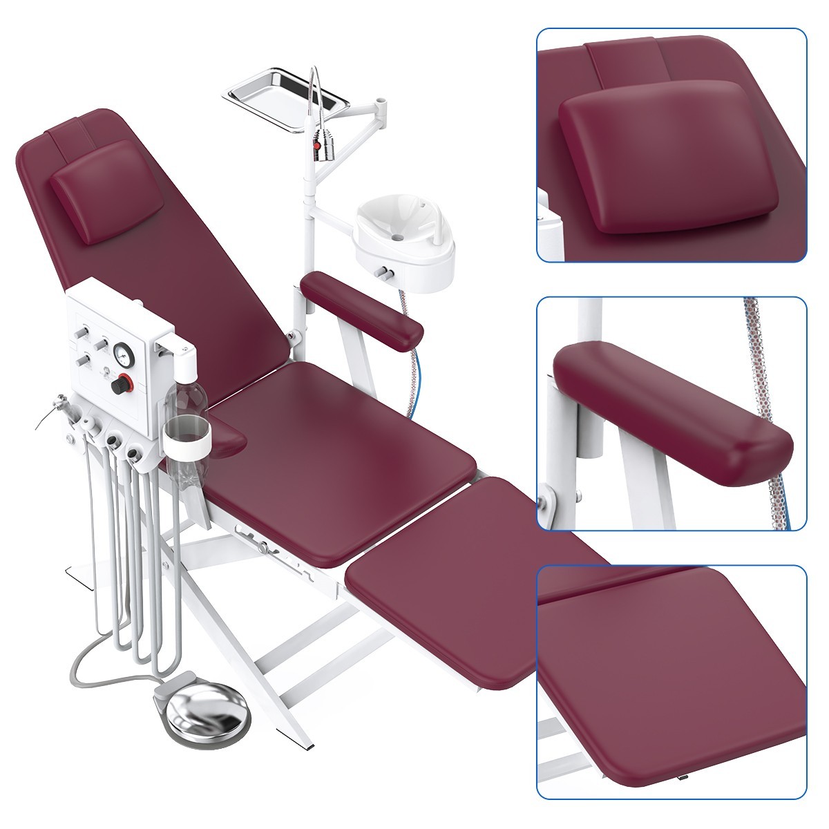 Sillón Dental Portátil Plegable con Unidad de Turbina Luz LED 4 Hole Wine Red