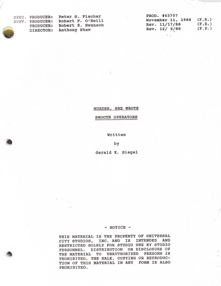 MURDER SHE WROTE original television script "Smooth Operators"