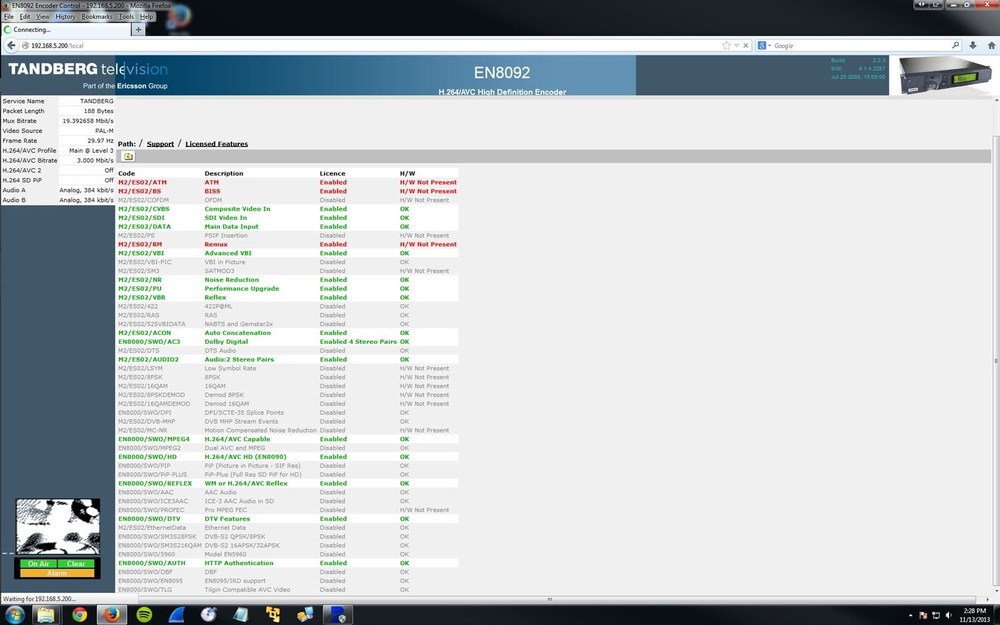 TANDBERG ERICSSON EN8092 HD SDI MPEG-4 AVC HTTP AUTHENTICATION VIDEO ENCODER AC3