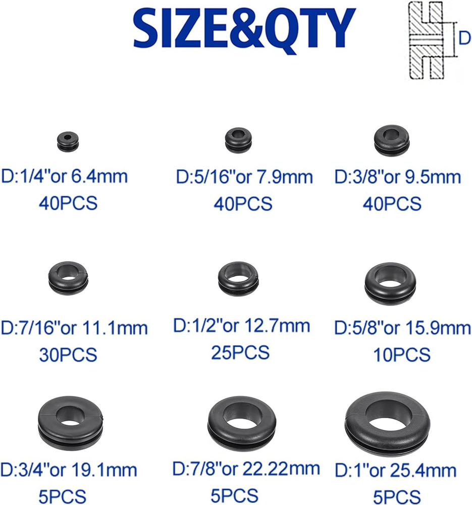 200 PCS Rubber Grommet Kit for Firewall Hole Plugging - Assorted Sizes!