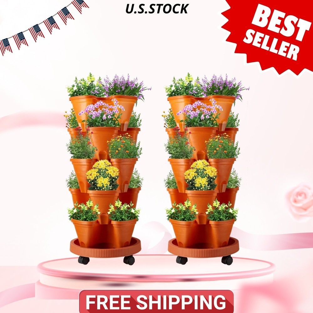 2 Set 5 Tier Stackable Planters Vertical Garden Pots with Wheels Indoor Outdoor