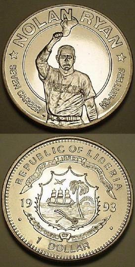 1993 Nolan Ryan Coin - $1 Liberia - Uncirculated - 7th No-Hitter