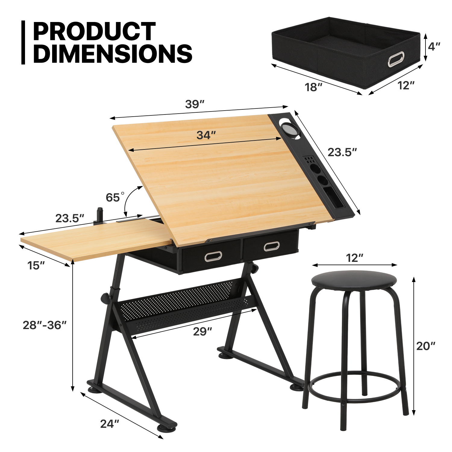 Drafting Drawing Table[STOOL+DRAWER]Adjustable Wood Tabletop Craft Work Station
