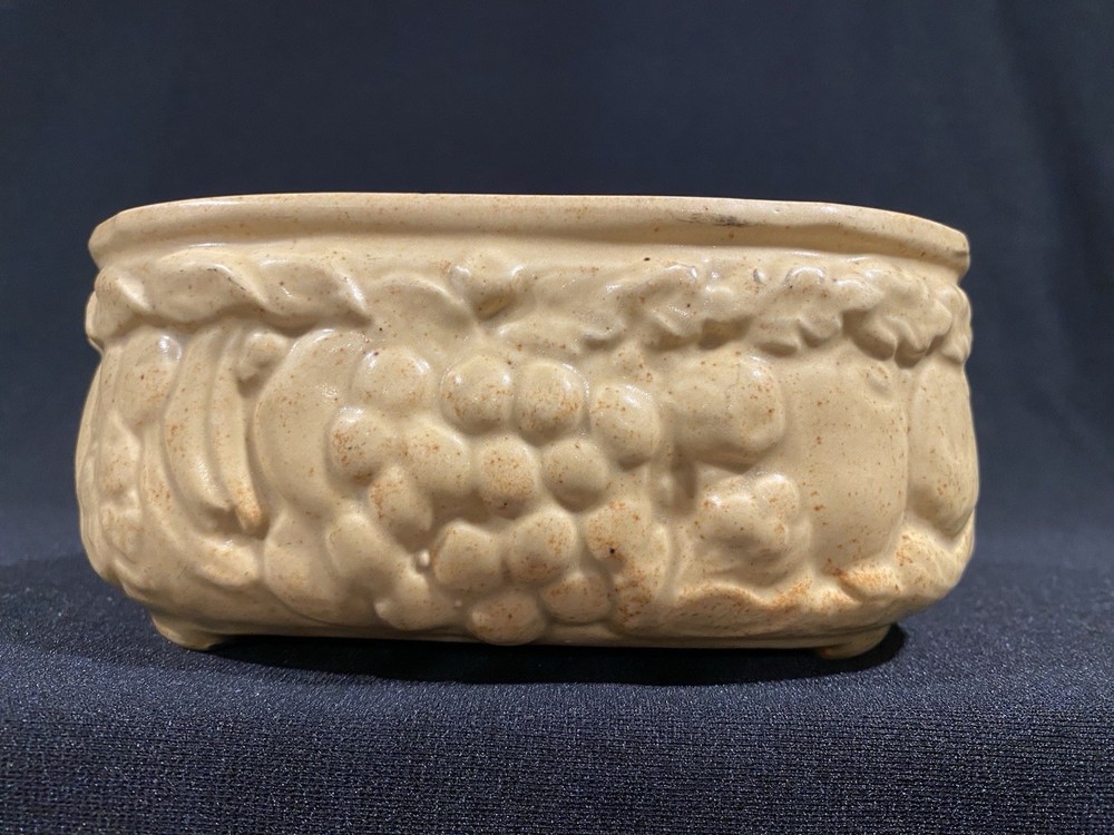 Vintage Speckled Mustard Yellow Ceramic Planter Rounded Rectangle Embossed Fruit