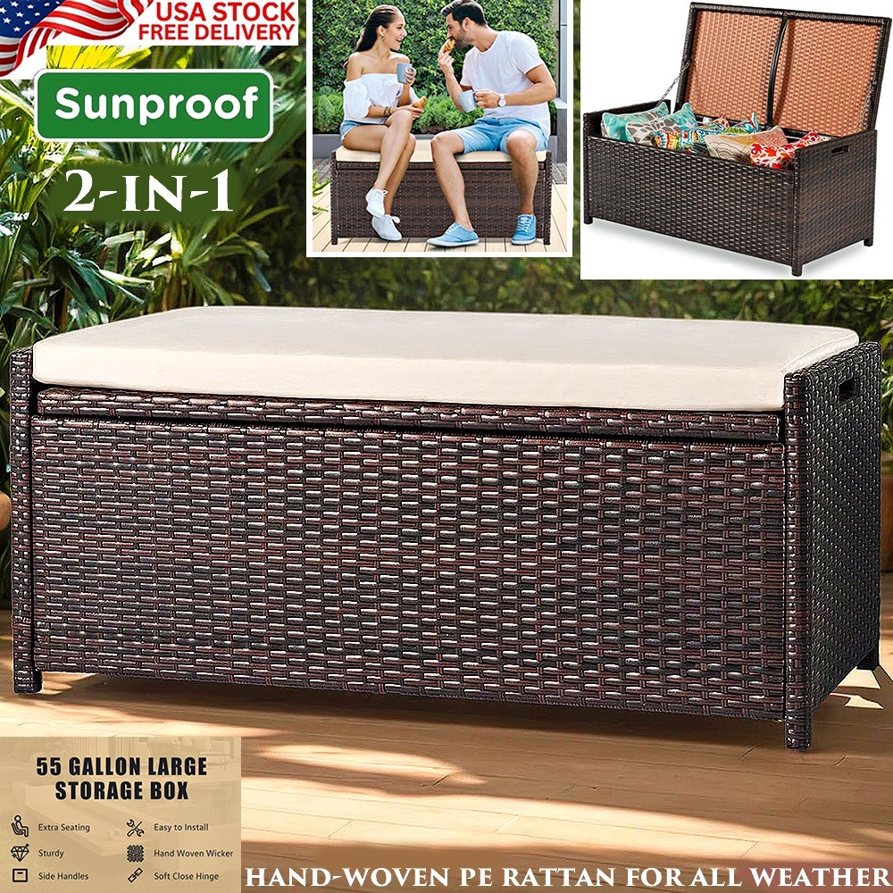 WICKER DECK OUTDOOR STORAGE BOX RATTAN BENCH HAND-WOVEN WITH CUSHION 55 GALLON
