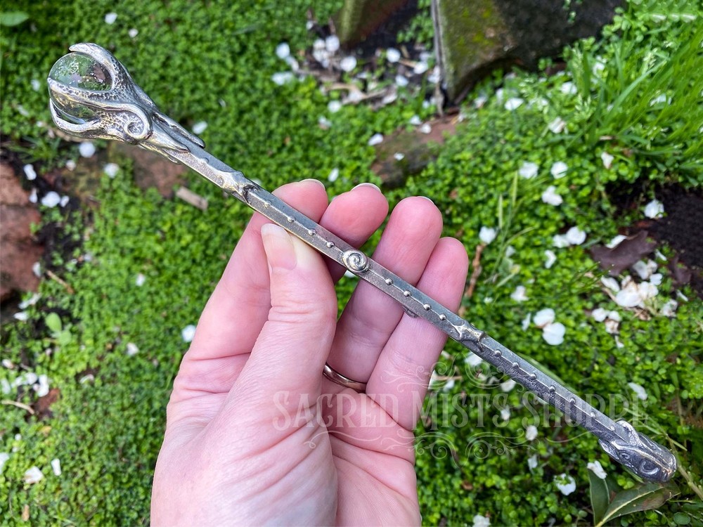 Celestial Spiral Wand Handmade Pewter w Quartz Spellcasting Witch Wizard Spell