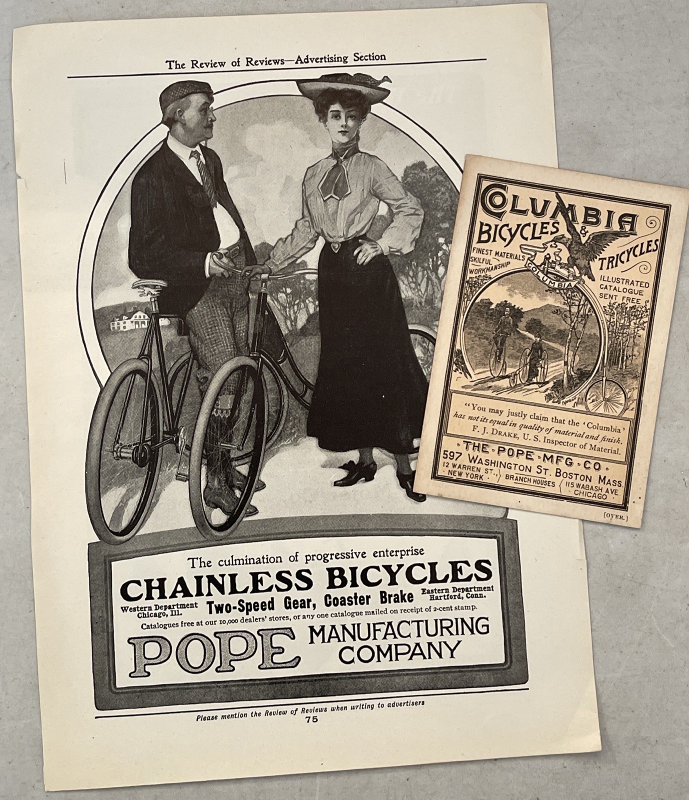 Antique Pope Manufacturing Company Bike Ad Trade Card Bicycle Tricycle Columbia