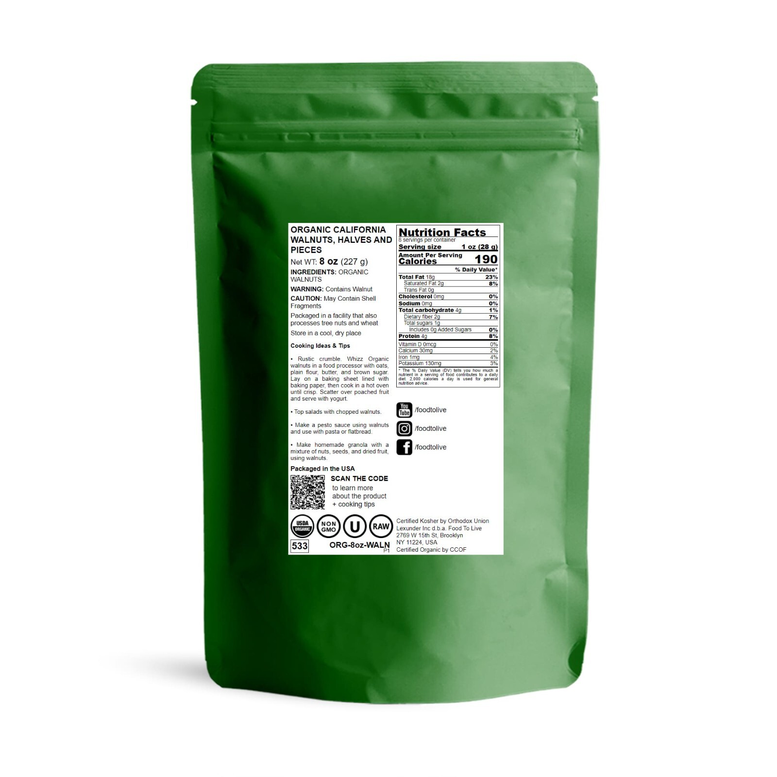 Organic California Walnuts, Halves and Pieces - Non-GMO, Kosher -by Food To Live