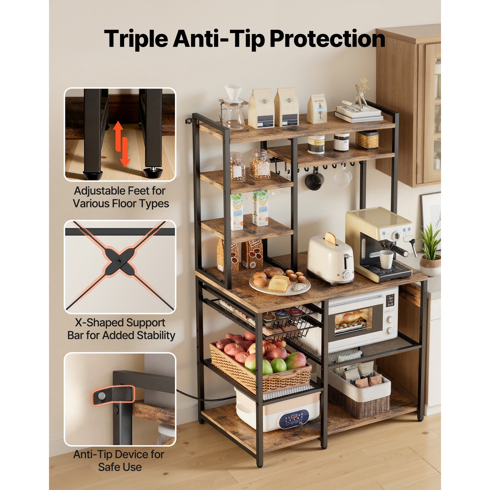 Uimoso Kitchen Bakers Rack with Power Outlet and 5 ft Power Cord