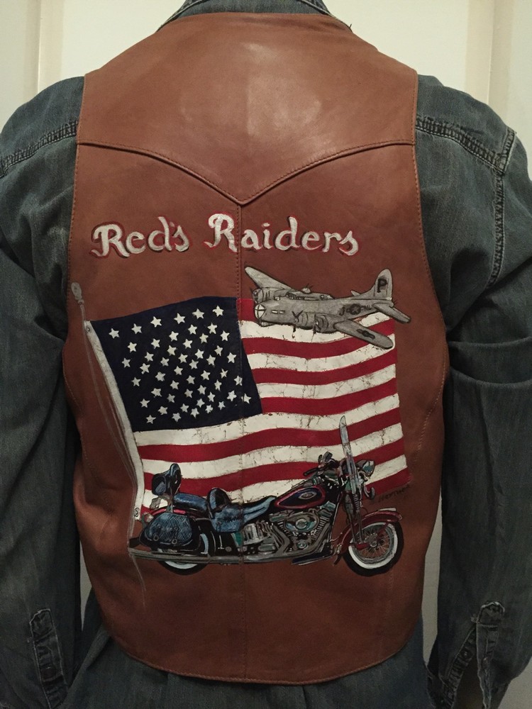 Red's Raiders Hand Painted WWII B17 Bomber Motorcycle Club Leather Vest Harley