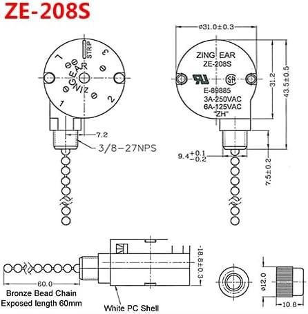 Ceiling Fan Switch Zing Ear ZE-208s E89885 3 Speed 4 Wire Pull 1 Piece, BRASS