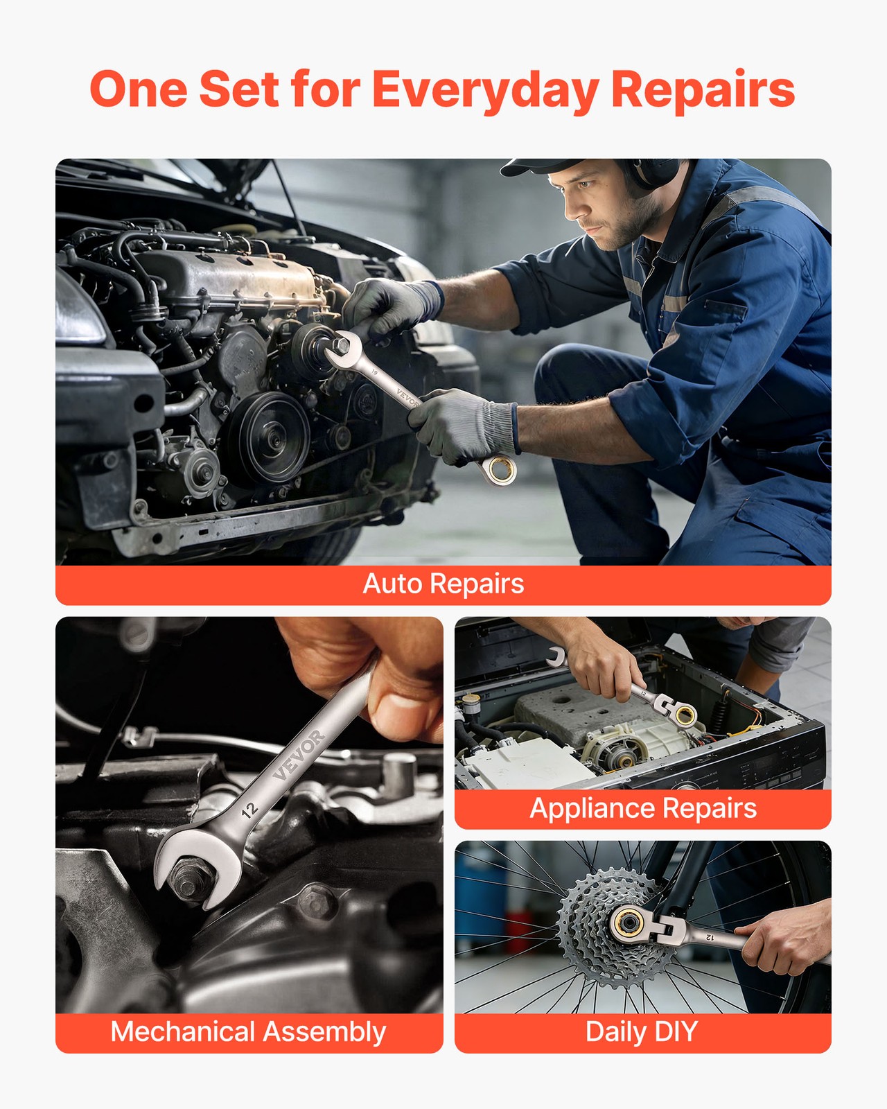 VEVOR Flex-Head Ratcheting Wrench Set Combination Wrench Set 24-Piece 72 Teeth