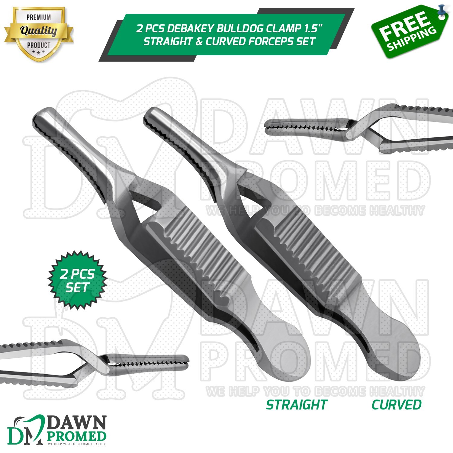 2 Pcs Debakey Bulldog Clamp 1.5" Straight & Curved Atraumatic Forceps Set