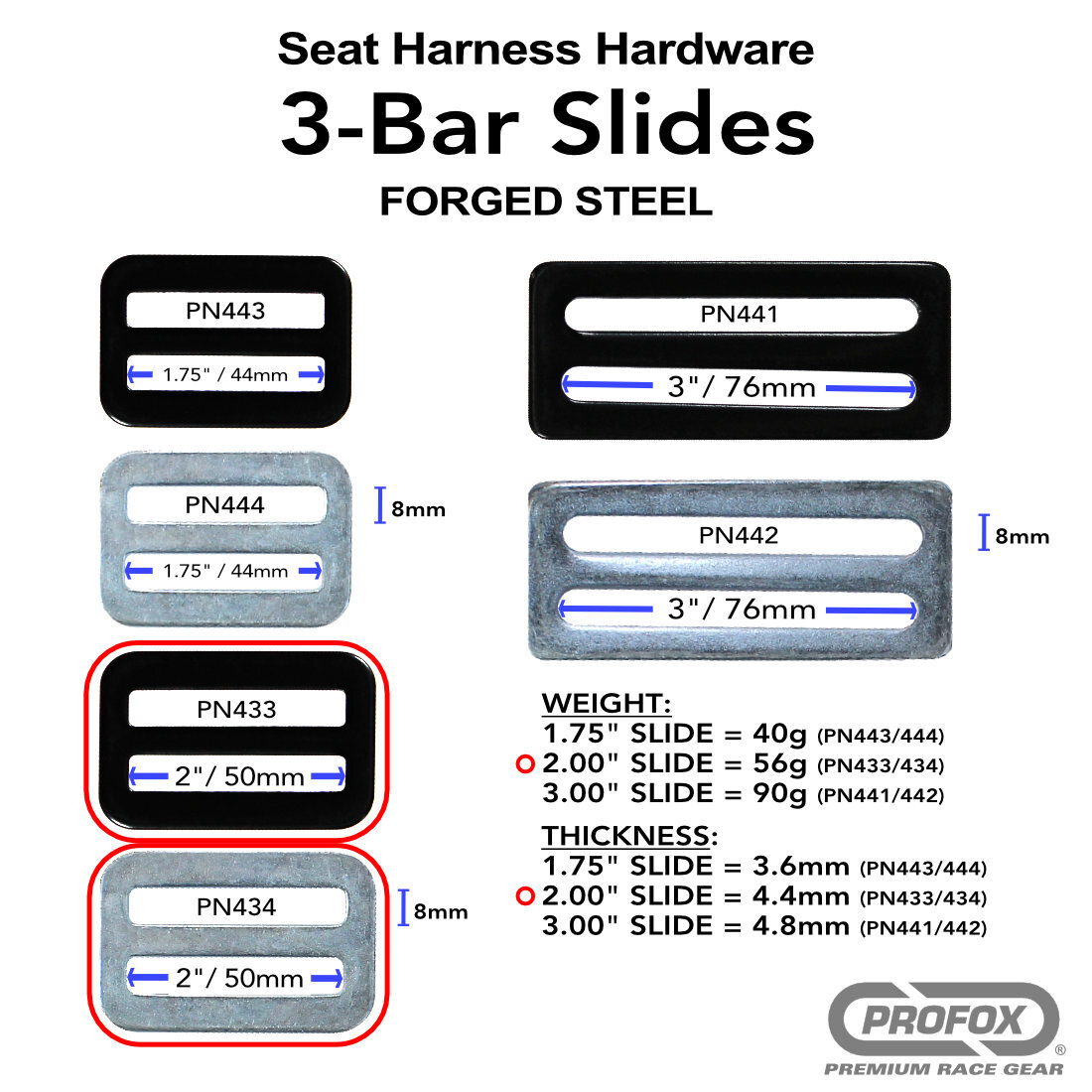 PROFOX Seat Belt Hardware 3-Bar Tri-Glide Webbing Slide Adjuster 2-inch (QTY 2)