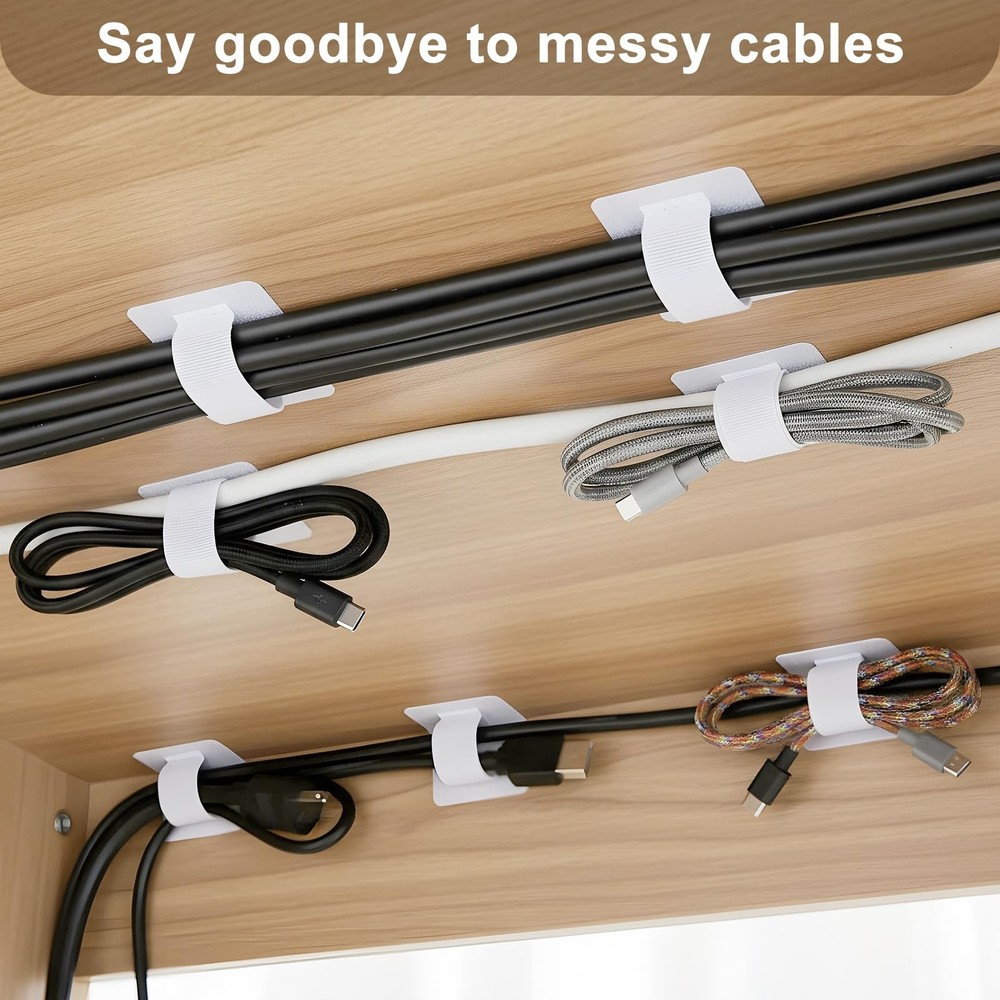 100Pack Hook & Loop Cable Ties SelfAdhesive Cord Straps Organizer White