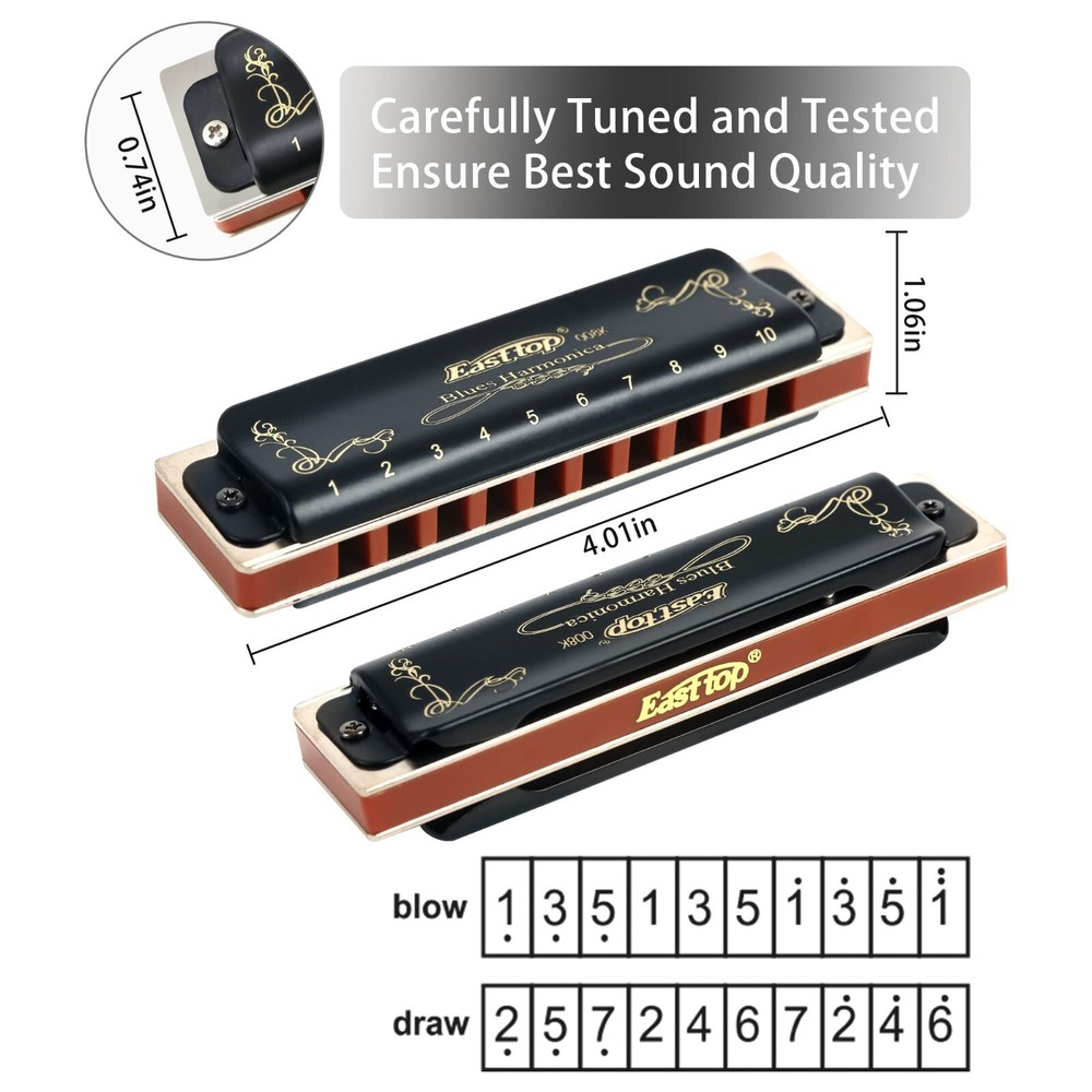 EASTTOP Harmonica Set Harmonica 7 Keys 10Hole Professional Blues Harp Harmonica