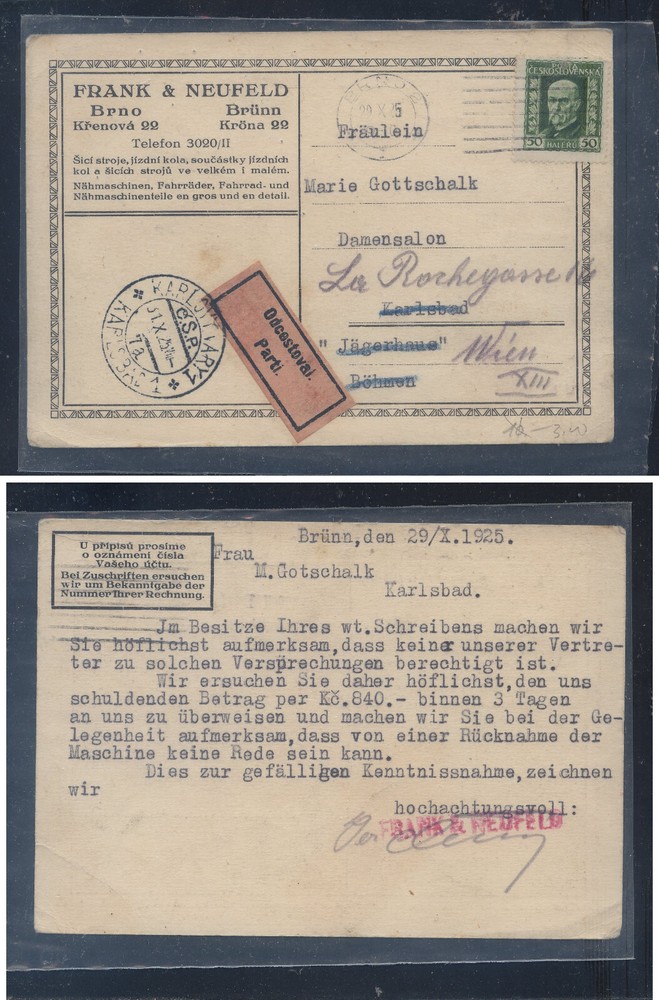 Czechoslovakia  large post card ,  return  label
