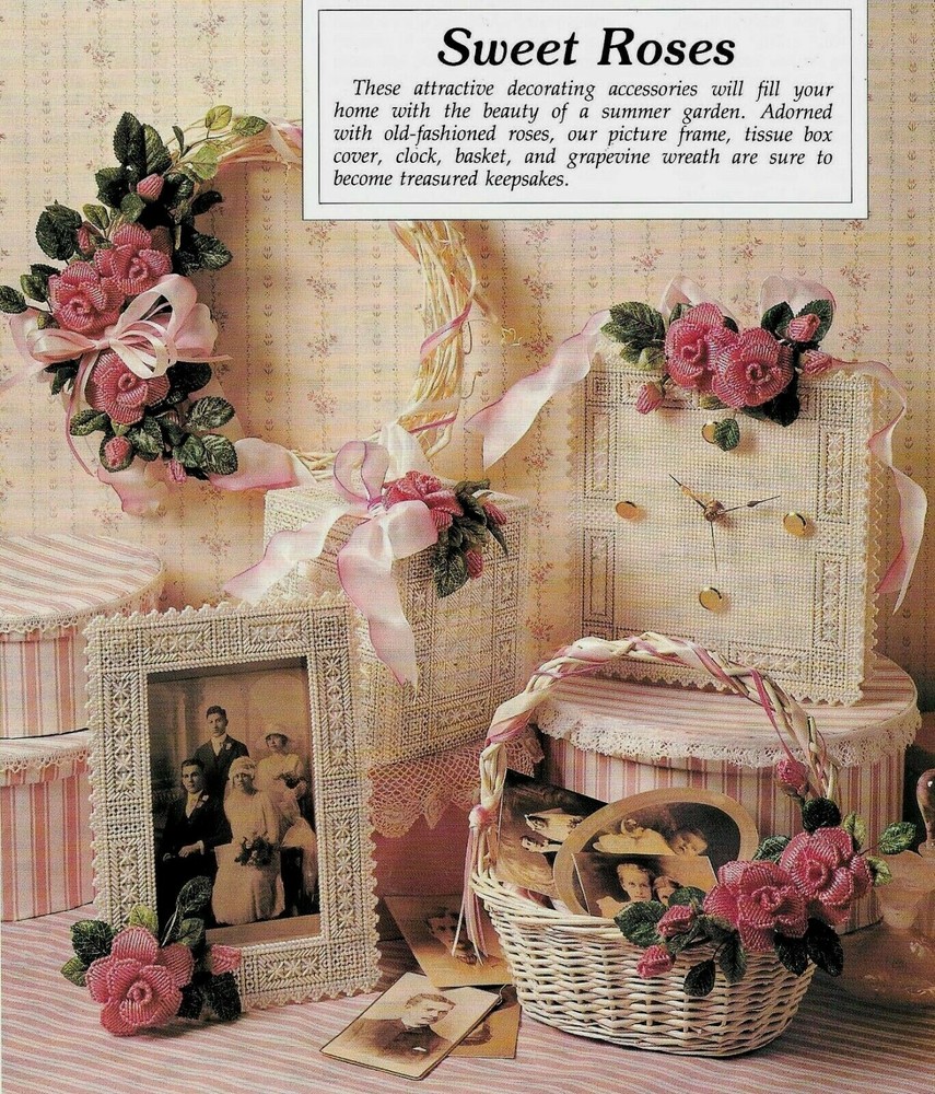 SWEET ROSES TISSUE COVER FRAME CLOCK WREATH PLASTIC CANVAS PATTERN INSTRUCTIONS