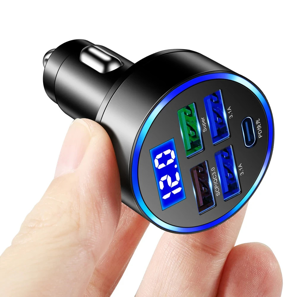 Super Fast Car Charger Adapter USB 5-Port Voltmeter for iPhone Samsung Android