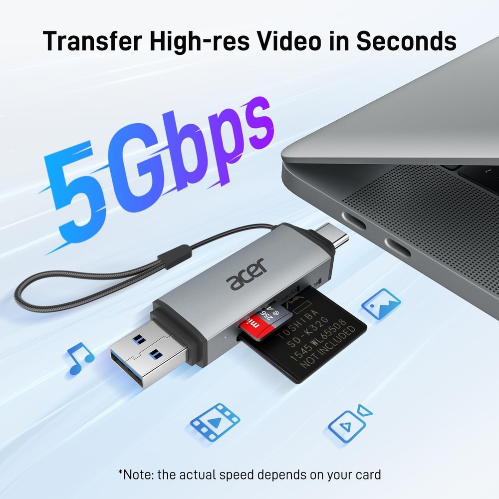 acer SD Card Reader USB C, Dual Slots 3.0 Type C to Micro Grey