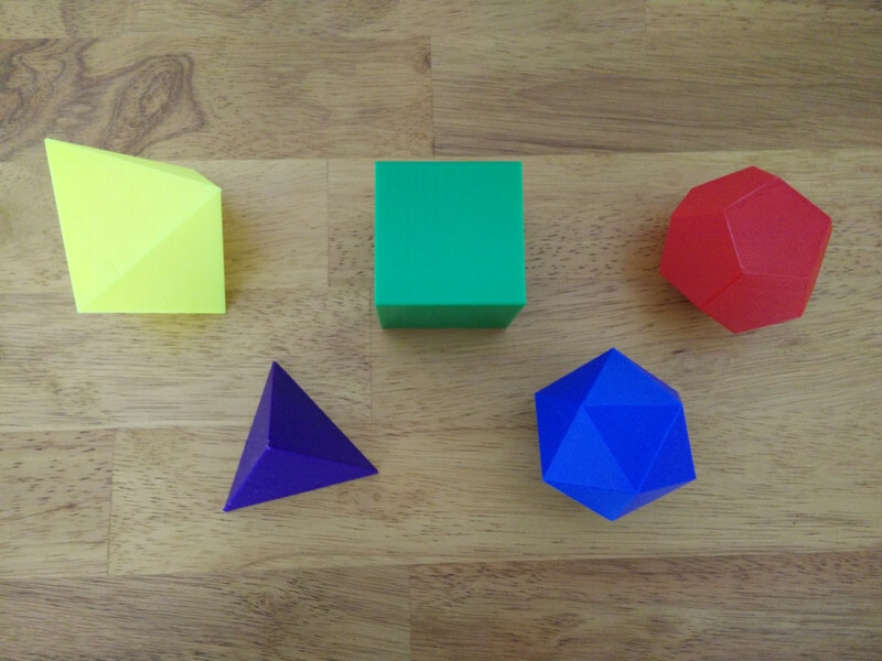 Five 5 Platonic Solids Model Set Geometry Math Models 3D Printed Multicolored