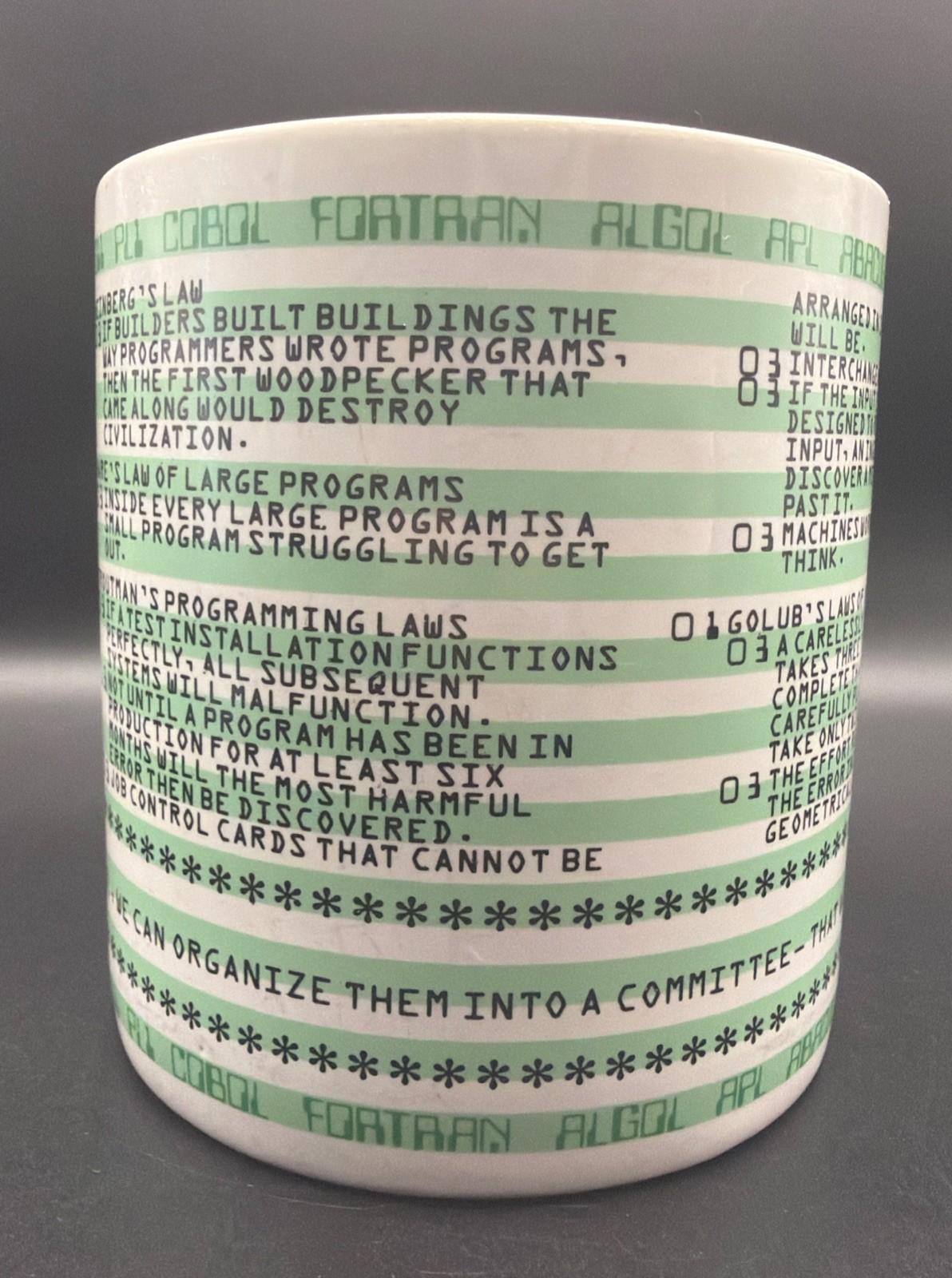 Vtg 80s Kenneth Grooms Laws Of Computer Programming 1982 Mug Printer Paper Funny