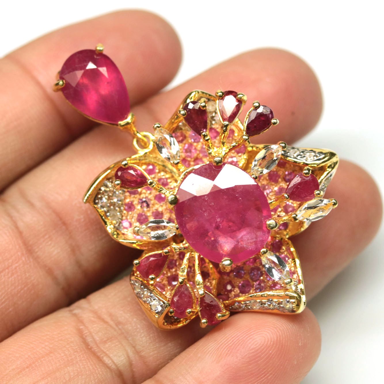 925 Sterling Silver Pink Red Ruby, Ropaz, Sapphire & Zircon Brooch/Pendant
