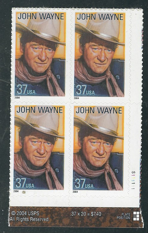 Scott #3876..  37  Cent... John Wayne...Plate Block