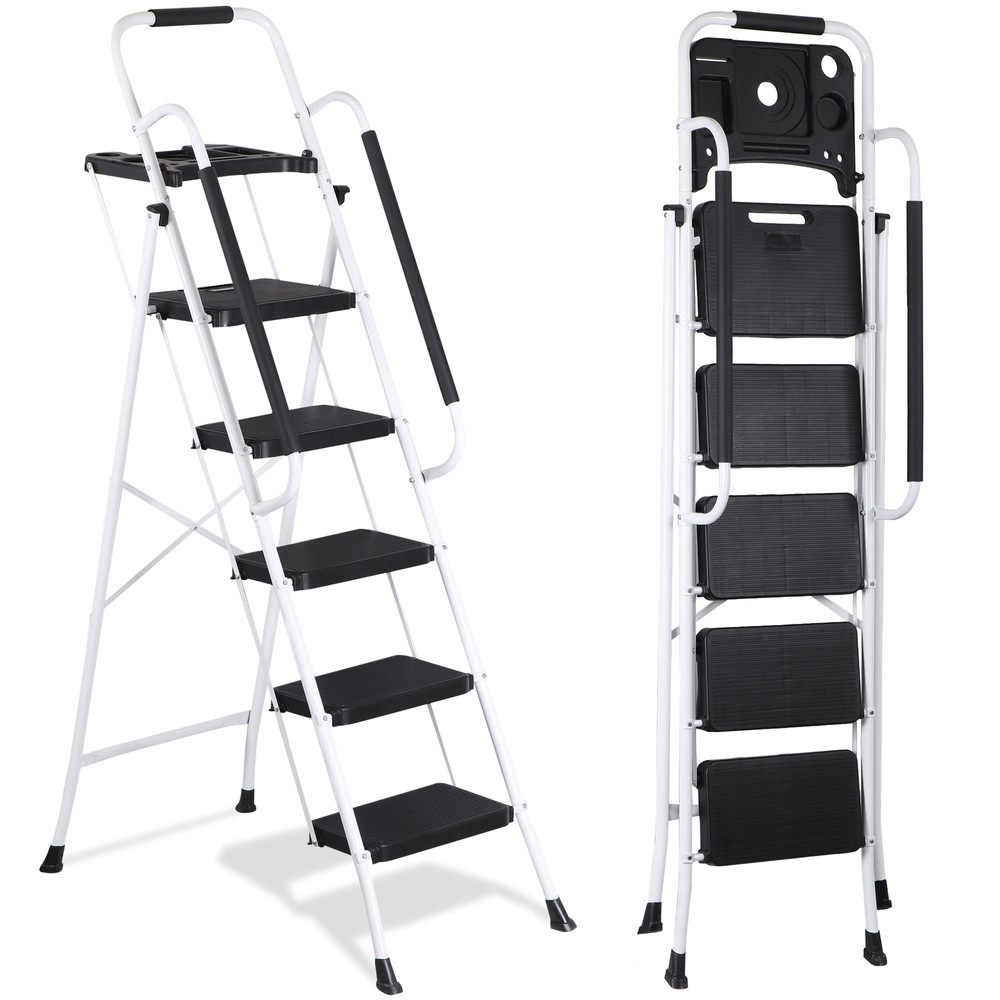 Folding 5 Step Ladder Sturdy Step Stool w/ Multi-Functional Tool Tray Household