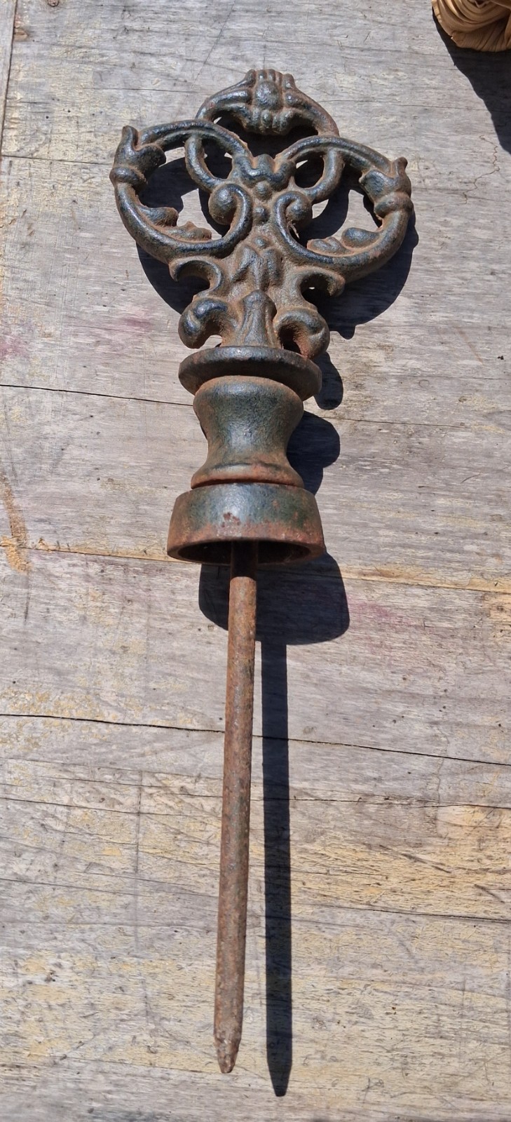 Antique Cast Iron Architectural Hose Guide with Finial Top Natural Patina 12"x4"