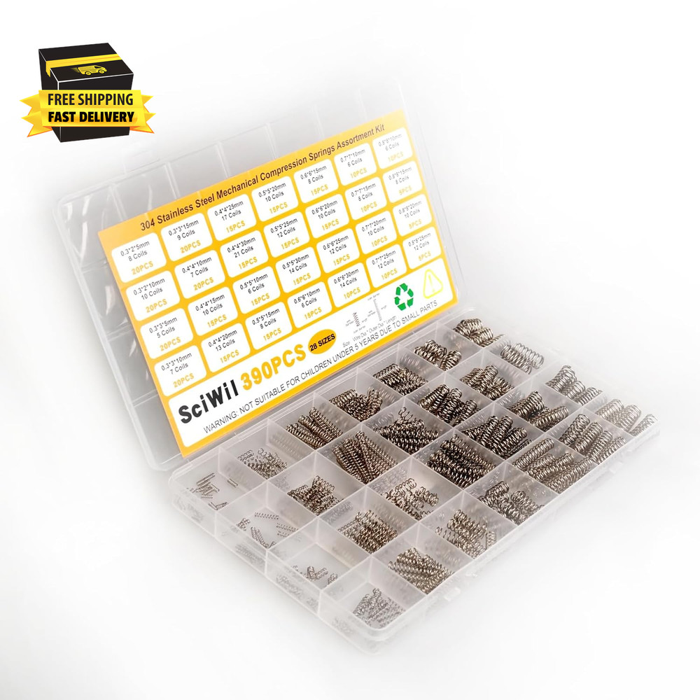 390-Piece Compression Spring Assortment Kit, 28 Sizes Small Springs Set, Stainle