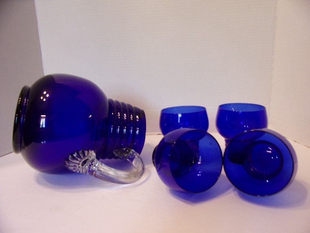 ROLY POLY PITCHER & FOUR GLASSES COBALT