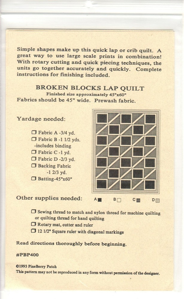 Broken Blocks Lap Quilt - PineBerry Patch - 45 x 60 - Quilt Pattern PBP400 - New