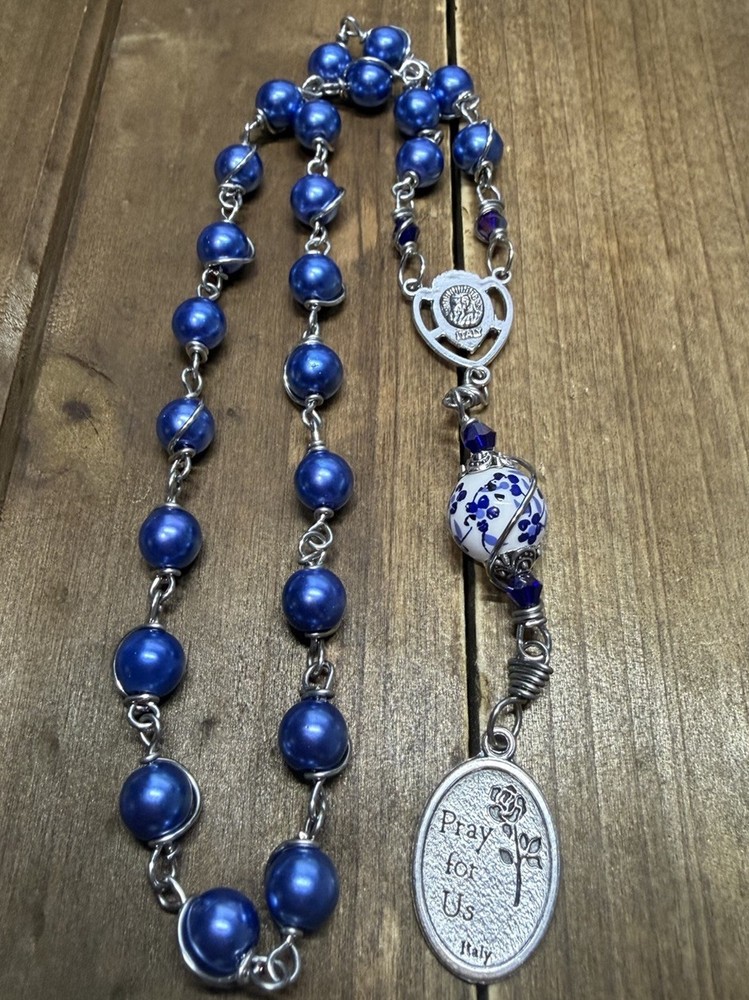 St. Therese Chaplet, Blue Beads Catholic Chaplet - Handmade
