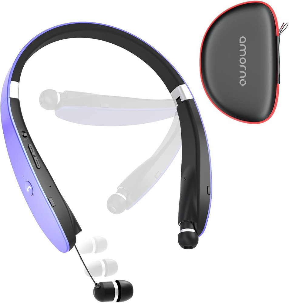 Foldable Bluetooth Headphones Wireless Neckband Headset with Retractable Earbuds
