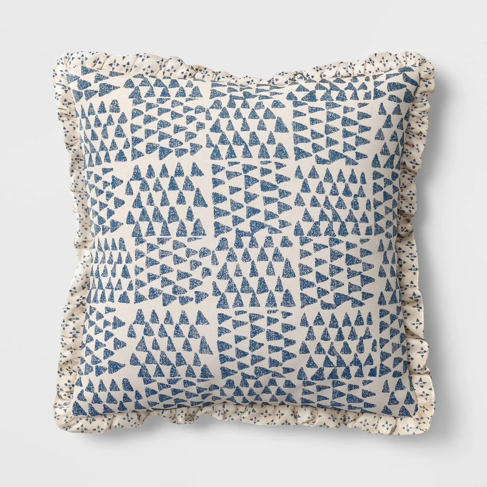 Square Bird in Nature Pillow with Printed Reverse and Ruffle Trim neutral