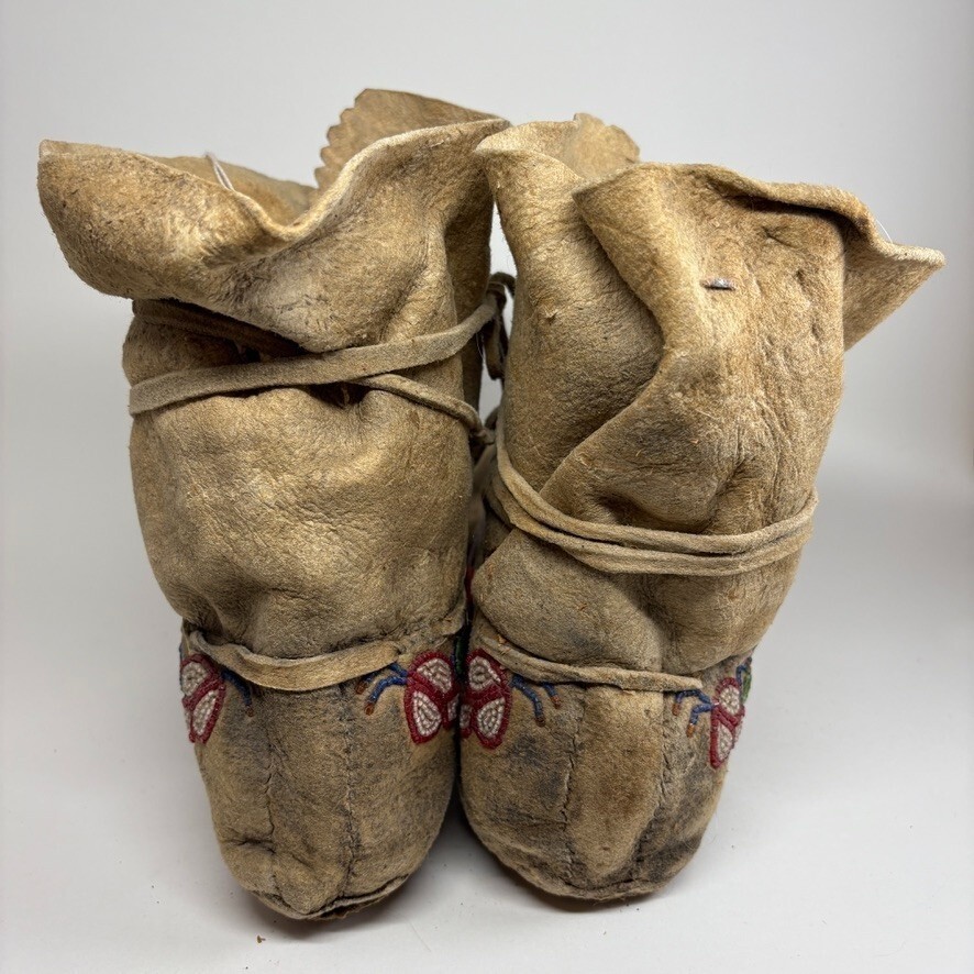 1920s Cree Native American Moccasins High-Top Beaded Pucker Toe Soft-Soled