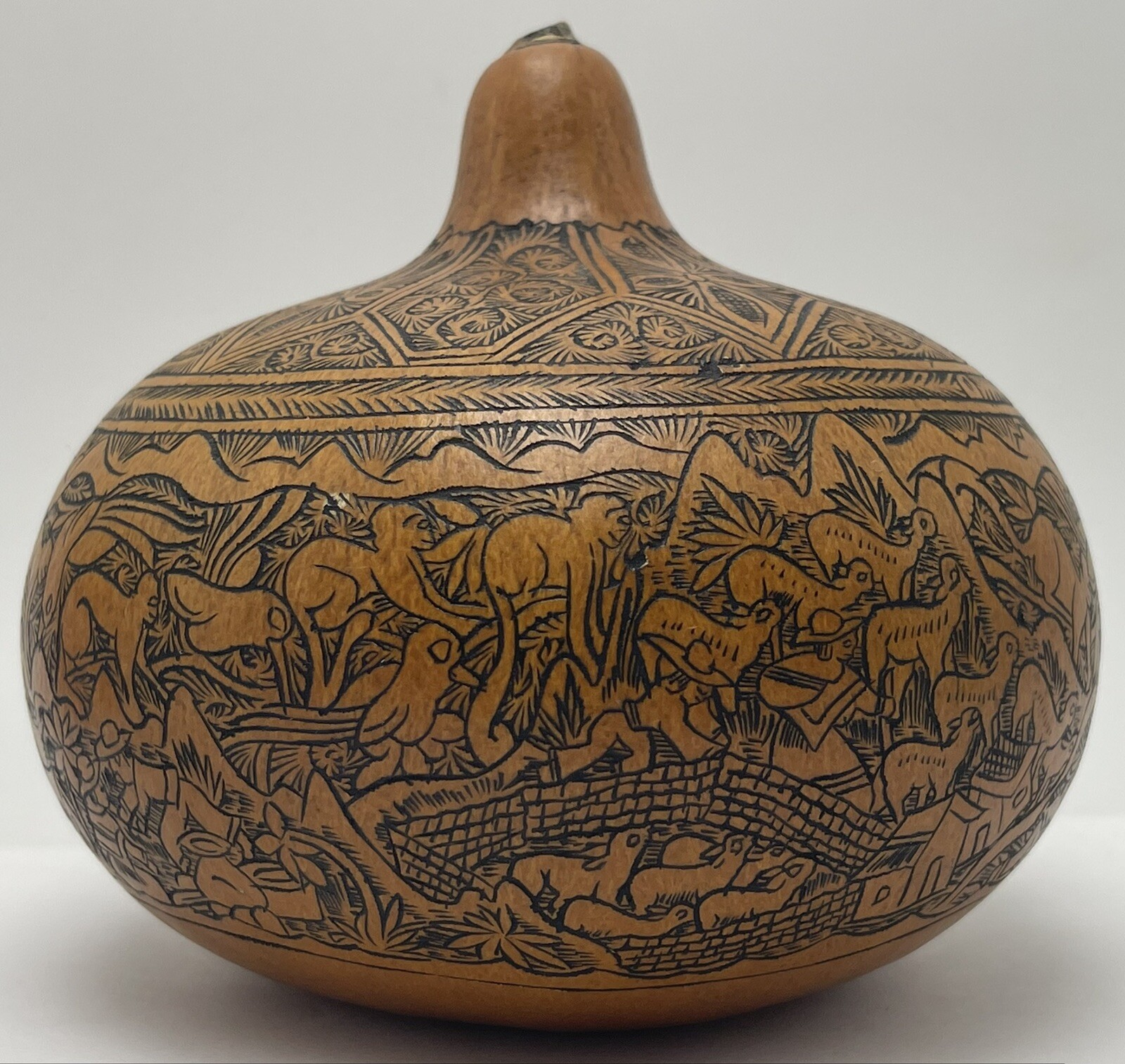 Vintage Peruvian Story Telling Gourd Finely Detailed Hand Carved Rattle