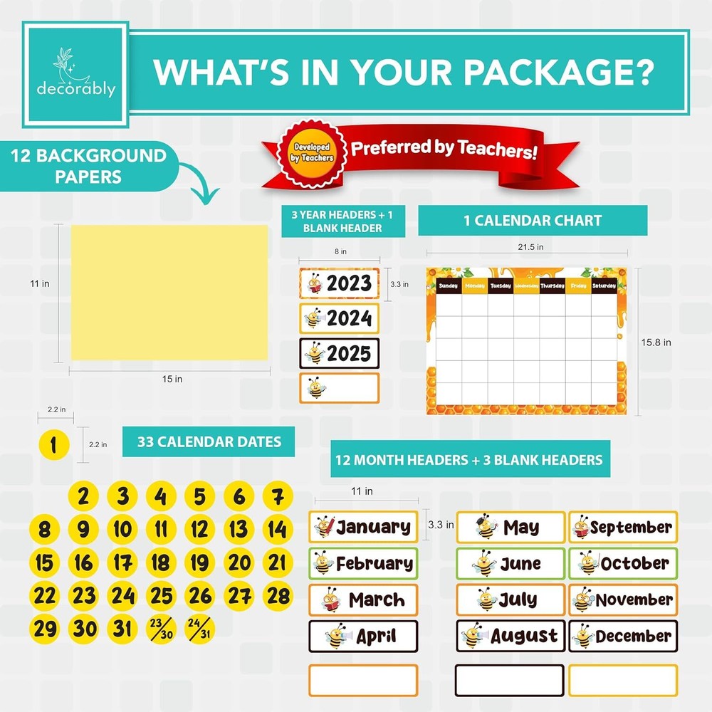 181 Pcs Classroom Calendar Numbers with Background Papers - Bee