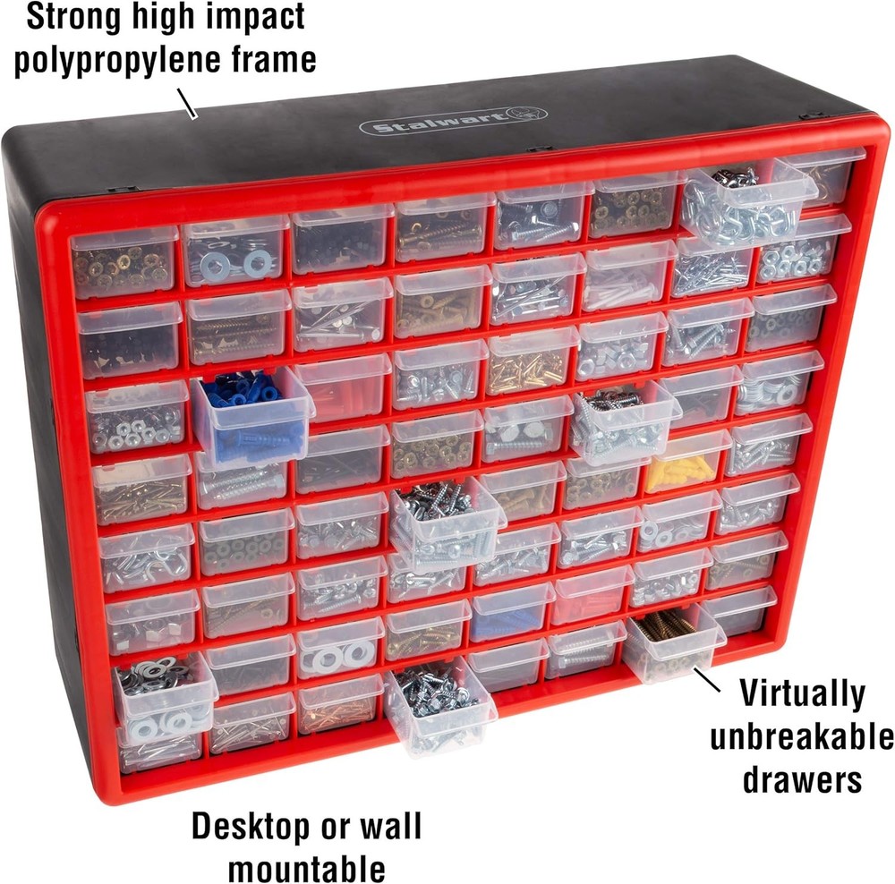 64 Bin Red Storage Drawer Organizer Tough Plastic Clear Storage Bins