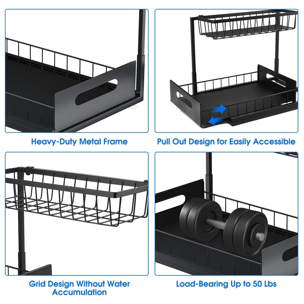 Under Sink Organizer, 2 Tier Pull-Out Cabinet Storage Shelf, Rust-Resistant M...